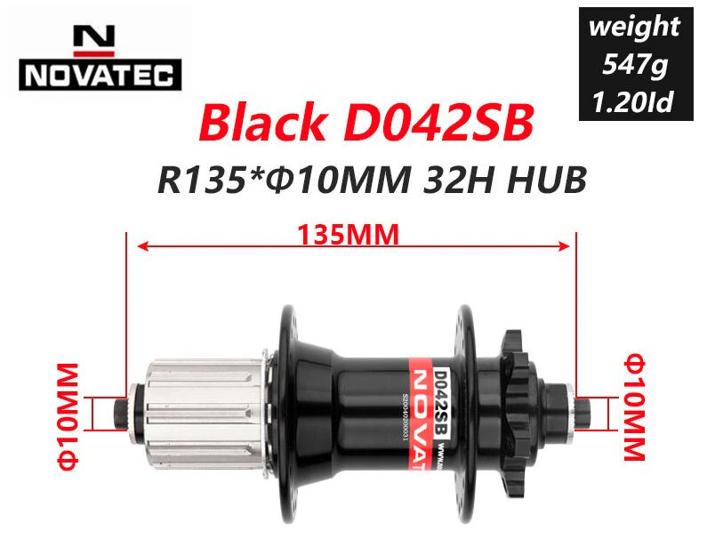Maza trasera Novatec D042SB 135 x 10 mm sellada, 32 rayos